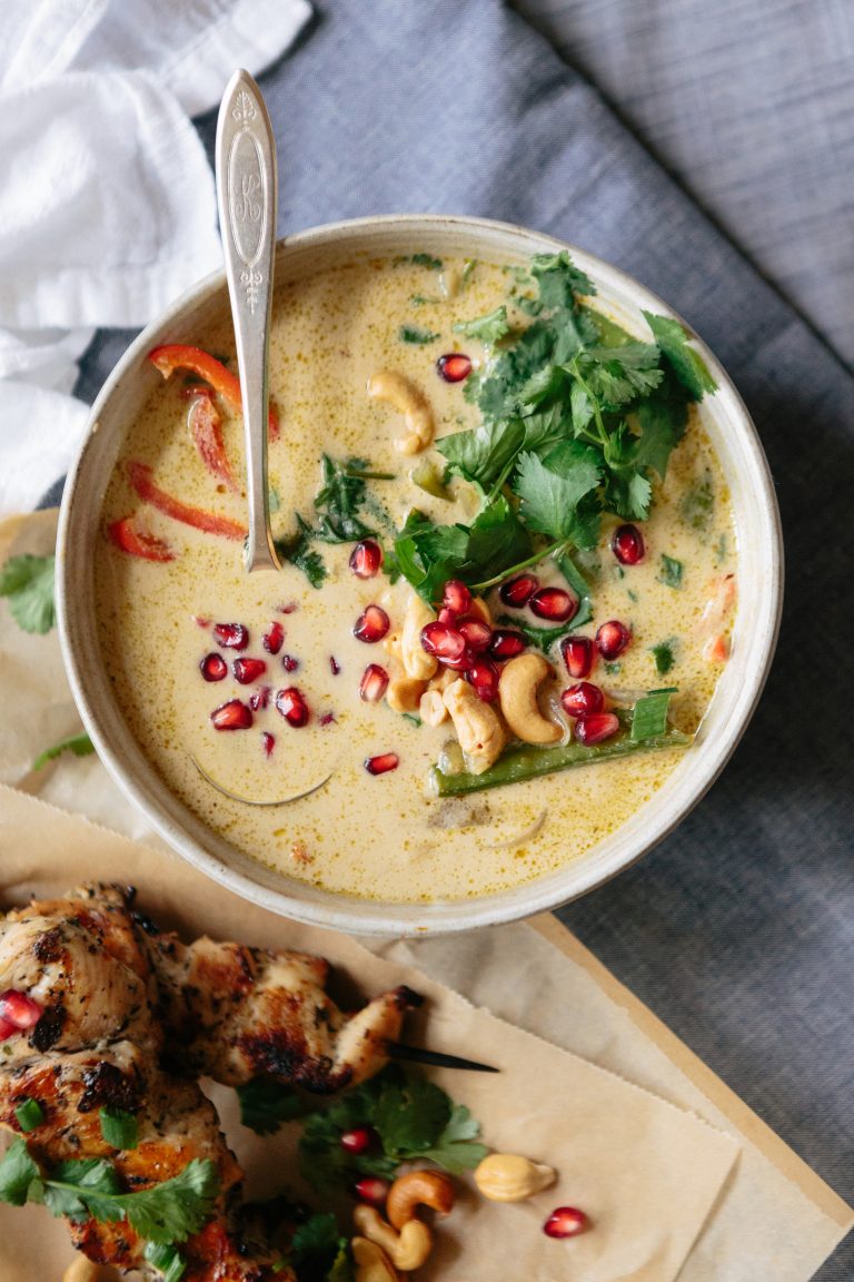 Thai Green Curry Soup with Grilled Chicken Skewers