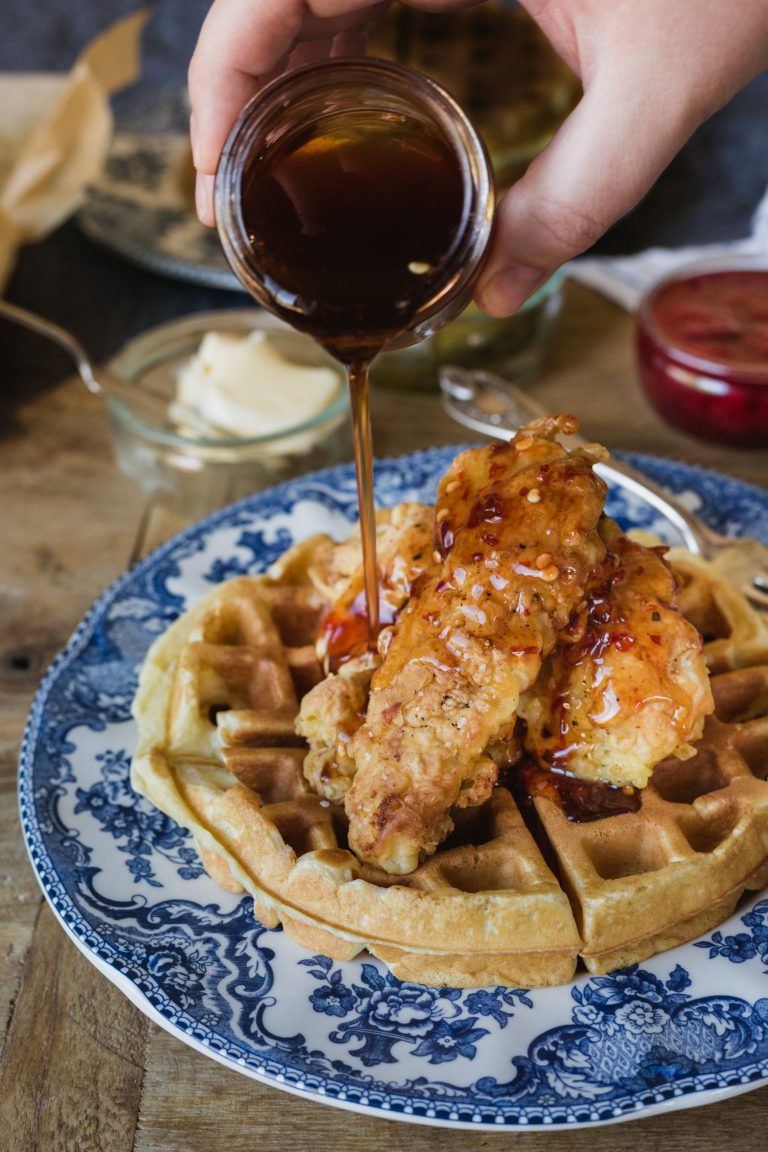 Crispy Chicken & Buttermilk Waffles with Spicy Maple Syrup!