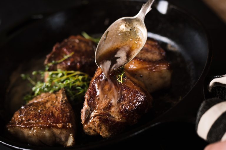 Cast Iron American Lamb Loin Chops with Apples, Onions, and Herbs