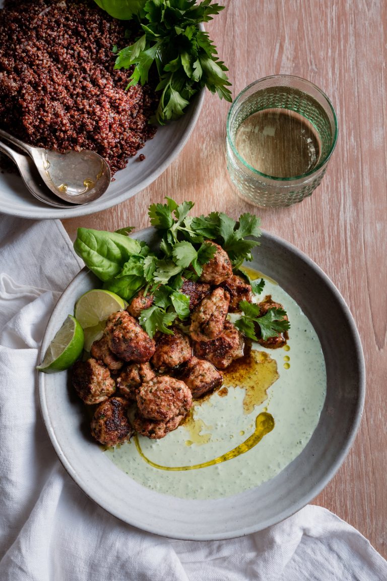 Chimichurri Meatballs with Herby Yogurt and Red Quinoa from The Rachael Ray Show (air date September 11, 2018)