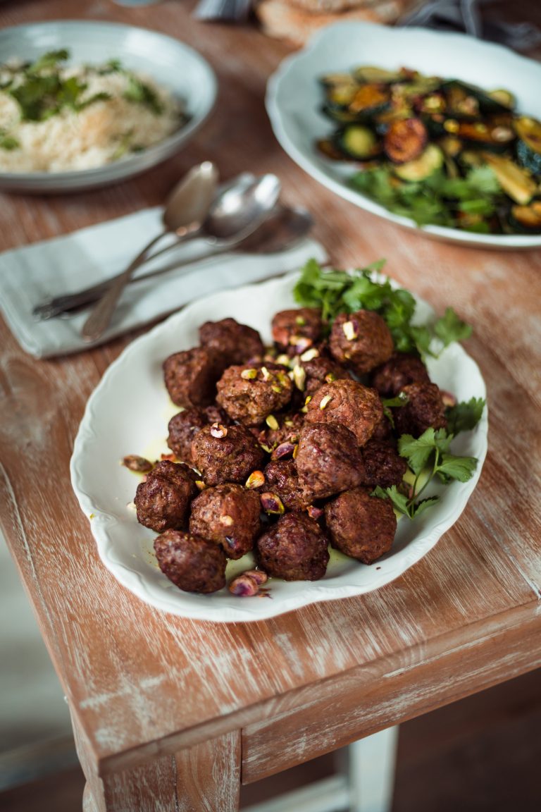 American Lamb Kofta Meatballs with Coconut Jasmine Rice and Sautéed Zucchini & Pistachios 