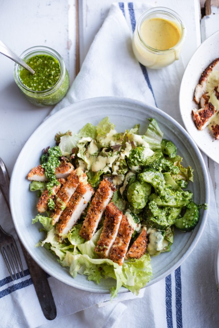 Pecan & Panko Chicken Cutlets and Smashed Cucumber Pesto Salad