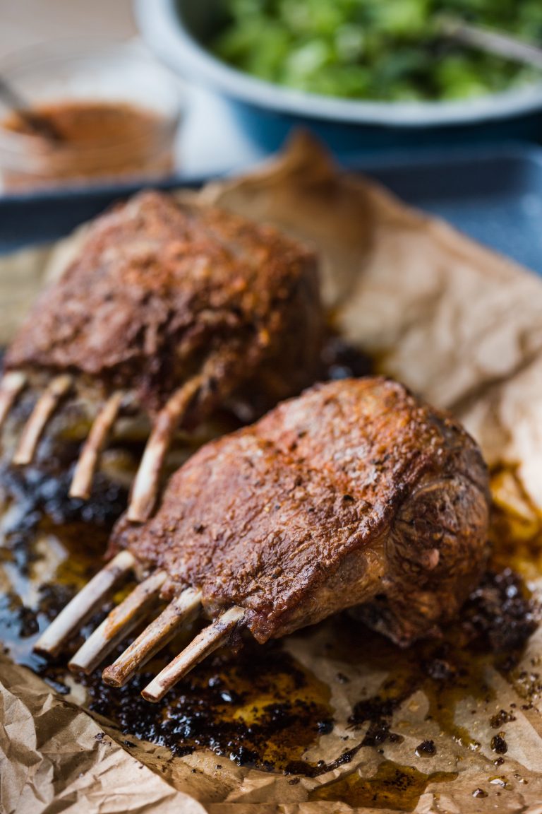 Spicy Buffalo-Style Rack of American Lamb with Crunchy Celery & Blue Cheese Salad