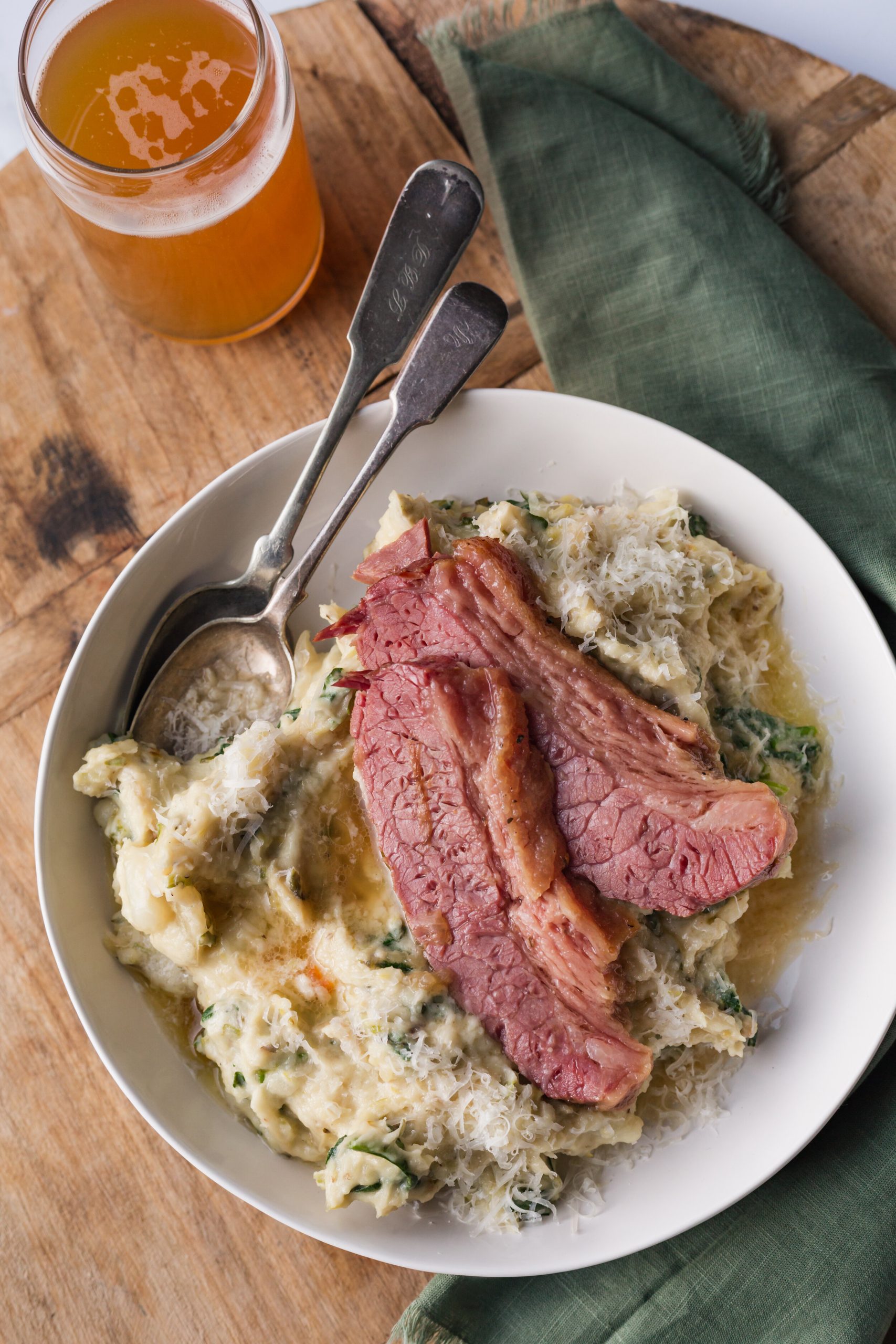 Beer Braised Corned Beef with Spinach & Brussels Sprout Colcannon