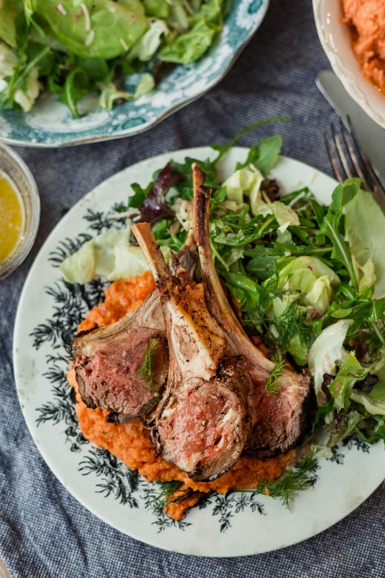 Rosemary & Lemon Crown Roast of American Lamb with Spicy Mashed Sweet Potatoes and Tender Greens with Lemon Vinaigrette