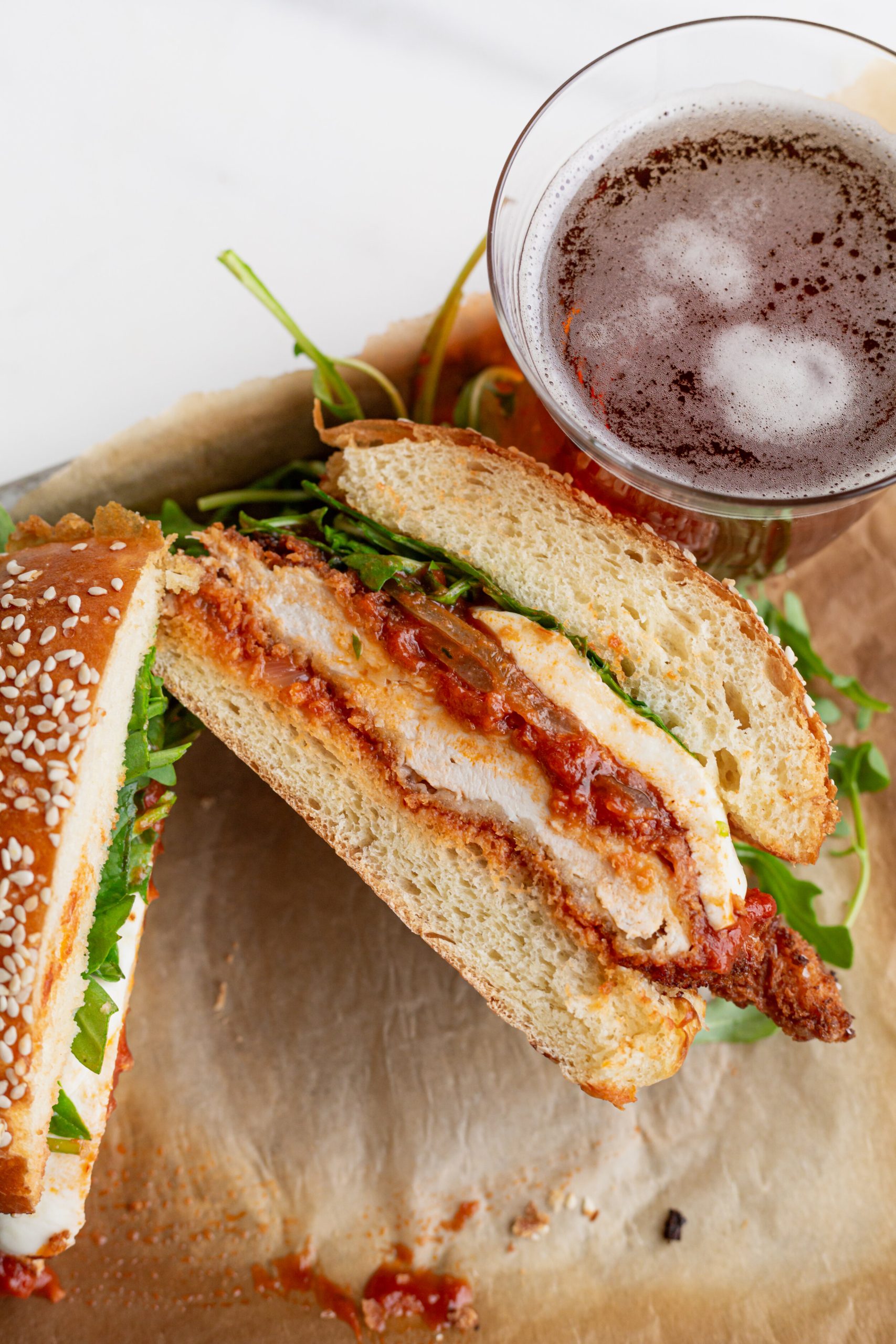 Crispy Chicken Parm Sandwich halved open.