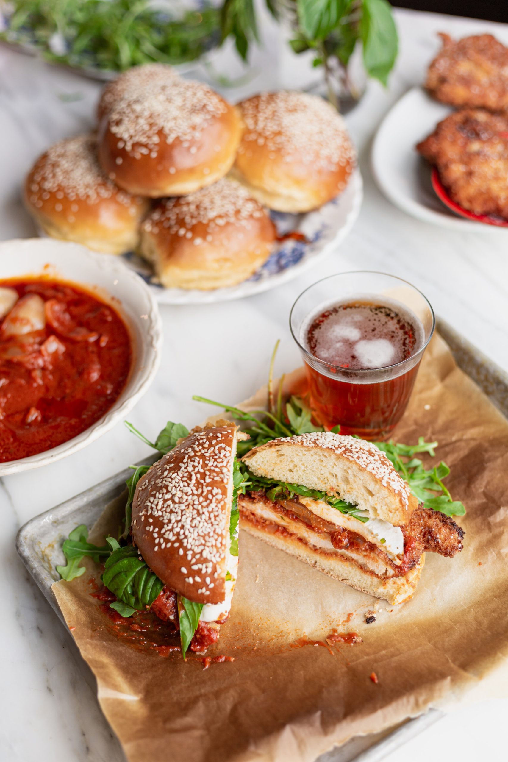 Crispy Chicken Parm Sandwich on a tabletop.