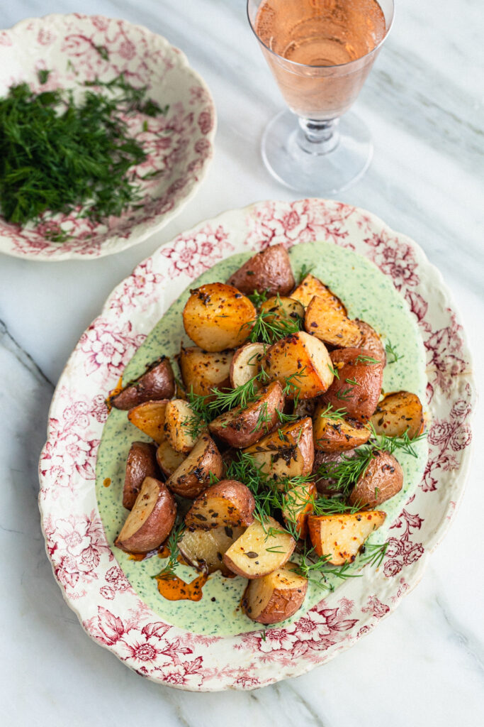 Oven Roasted Idaho® Red Potatoes Over Herby Yogurt