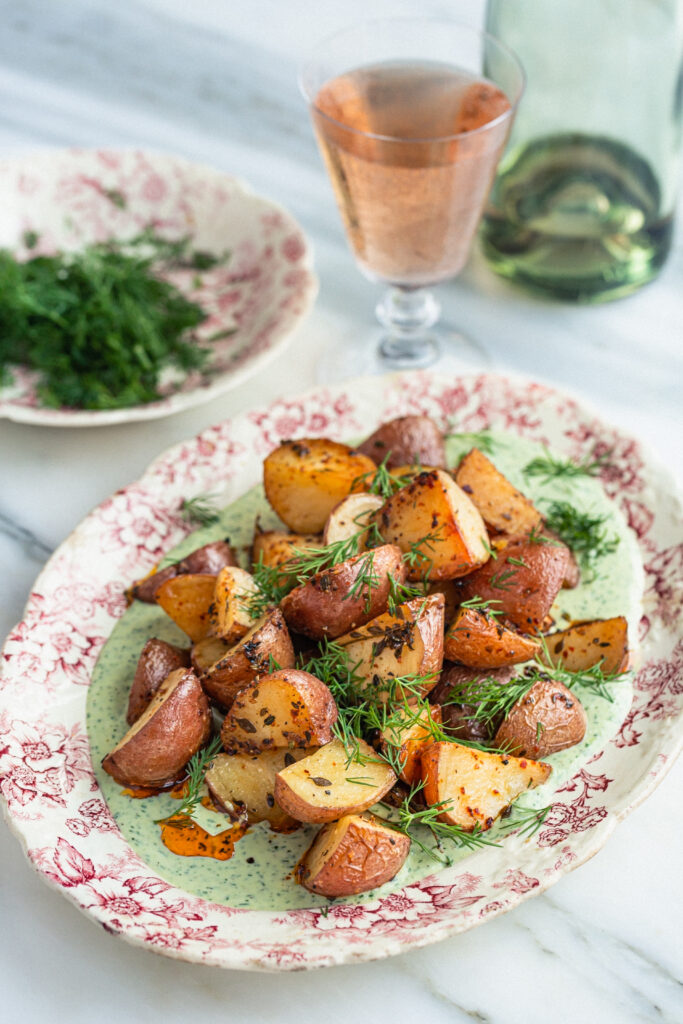 Oven Roasted Idaho® Red Potatoes Over Herby Yogurt