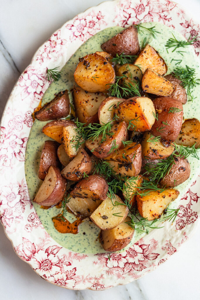 Oven Roasted Idaho® Red Potatoes Over Herby Yogurt