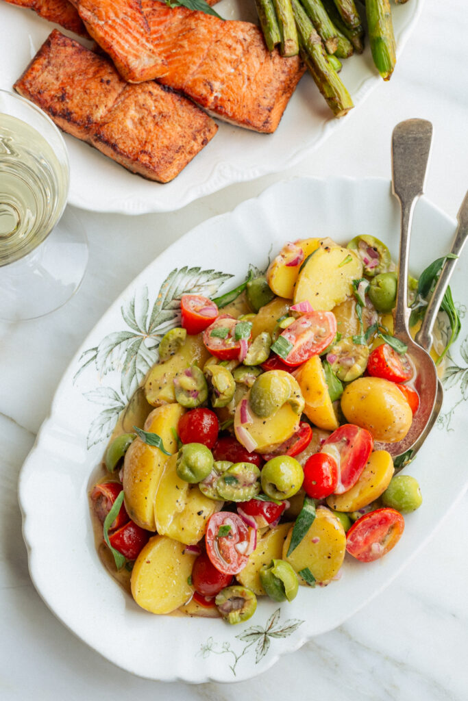 Idaho Potato, Olive, and Tomato Salad with Pan Seared Salmon 