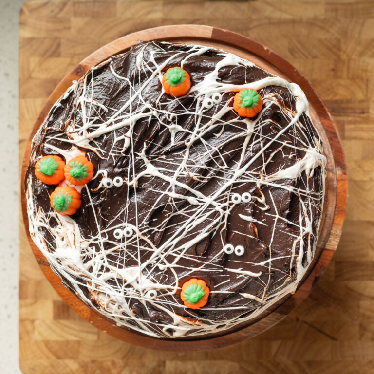 Easy Double Layer Chocolate Cake with Fudge Frosting and Spooky Marshmallow Spider Webs + an Apple Cider French 75 Cocktail