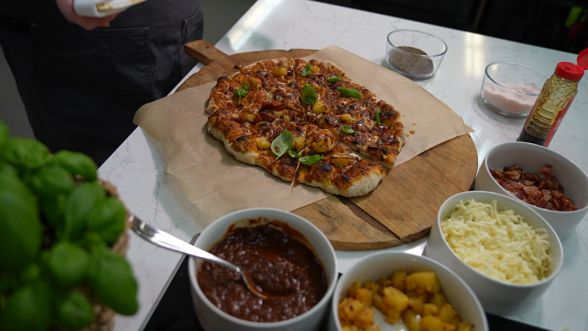 Spicy Pineapple & Bacon Pizza with Fresh Basil and Hot Honey